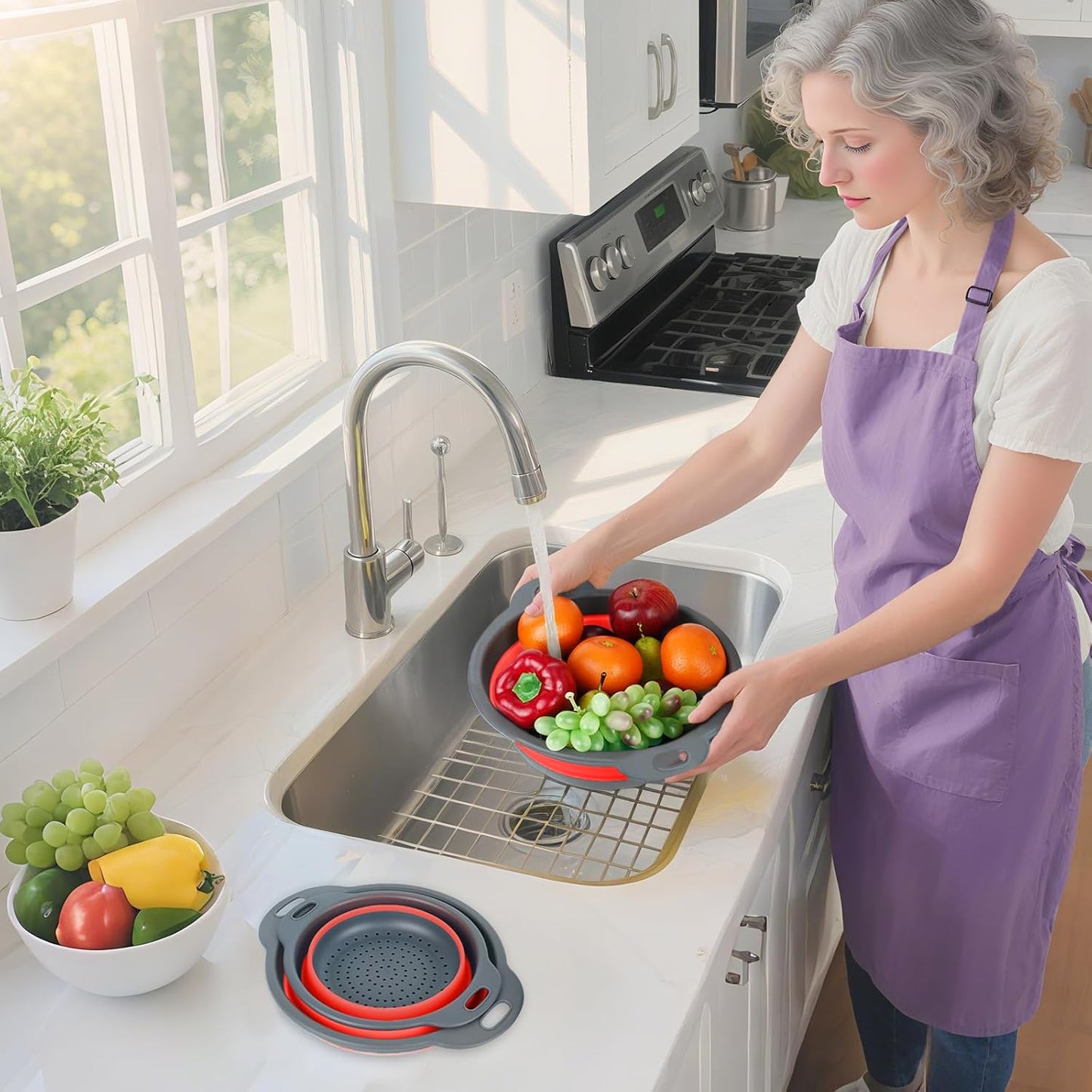 Collapsible Colander 3-Pack Set Space-Saving Foldable Kitchen Strainer with Non-Slip Base Durable Thickened PP+TPE Collapsible Strainers for Pasta, Vegetables, Fruits (Gray-White)
