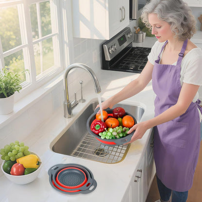 Collapsible Colander 3-Pack Set Space-Saving Foldable Kitchen Strainer with Non-Slip Base Durable Thickened PP+TPE Collapsible Strainers for Pasta, Vegetables, Fruits (Gray-White)