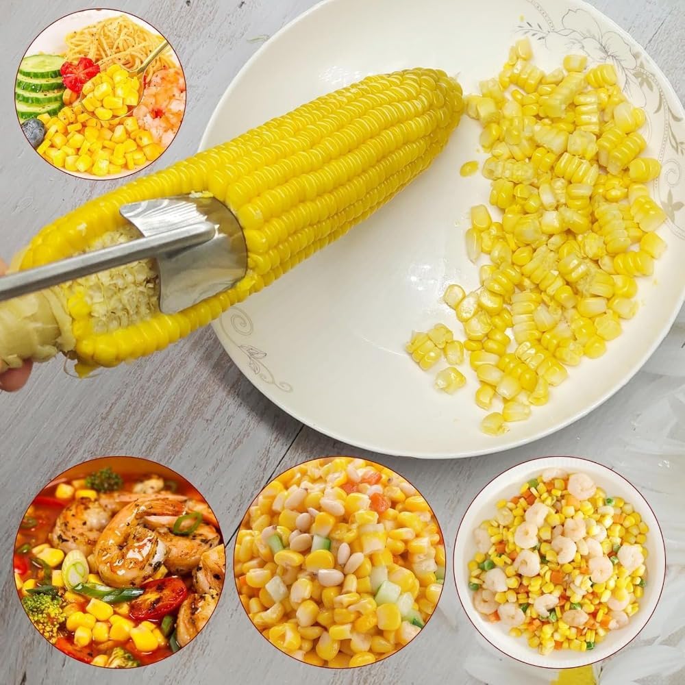 Stainless Steel Corn Stripper Tool – Long Handle Manual Kernel Peeler for Kitchen Use, Push-Down Design with Finger Protection, Dishwasher Safe