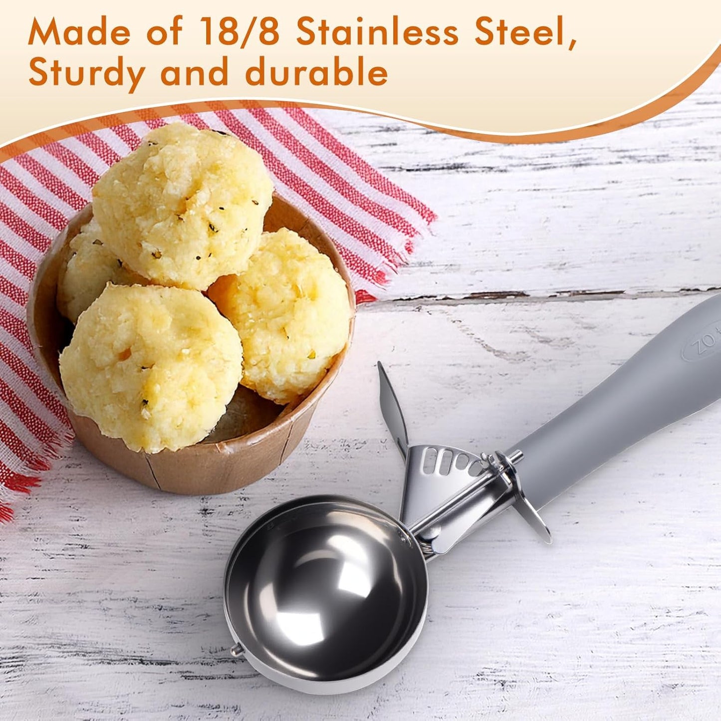 Fayomir 4 OZ Scoop, #8 Disher, Large Ice Cream Scoop with Trigger, Muffin Scoop, Large Cookie Scoops for Baking, Grey Handle, With Trigger for Portion Control