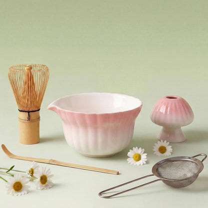 Matcha Set, 5Pcs Ceramic Matcha Set including Daisy Matcha Bowl and Mushroom Whisk Holder, Bamboo Whisk, Scoop, Sifter - Thoughtful Matcha Whisk Set Gift for Matcha Lovers, Blue