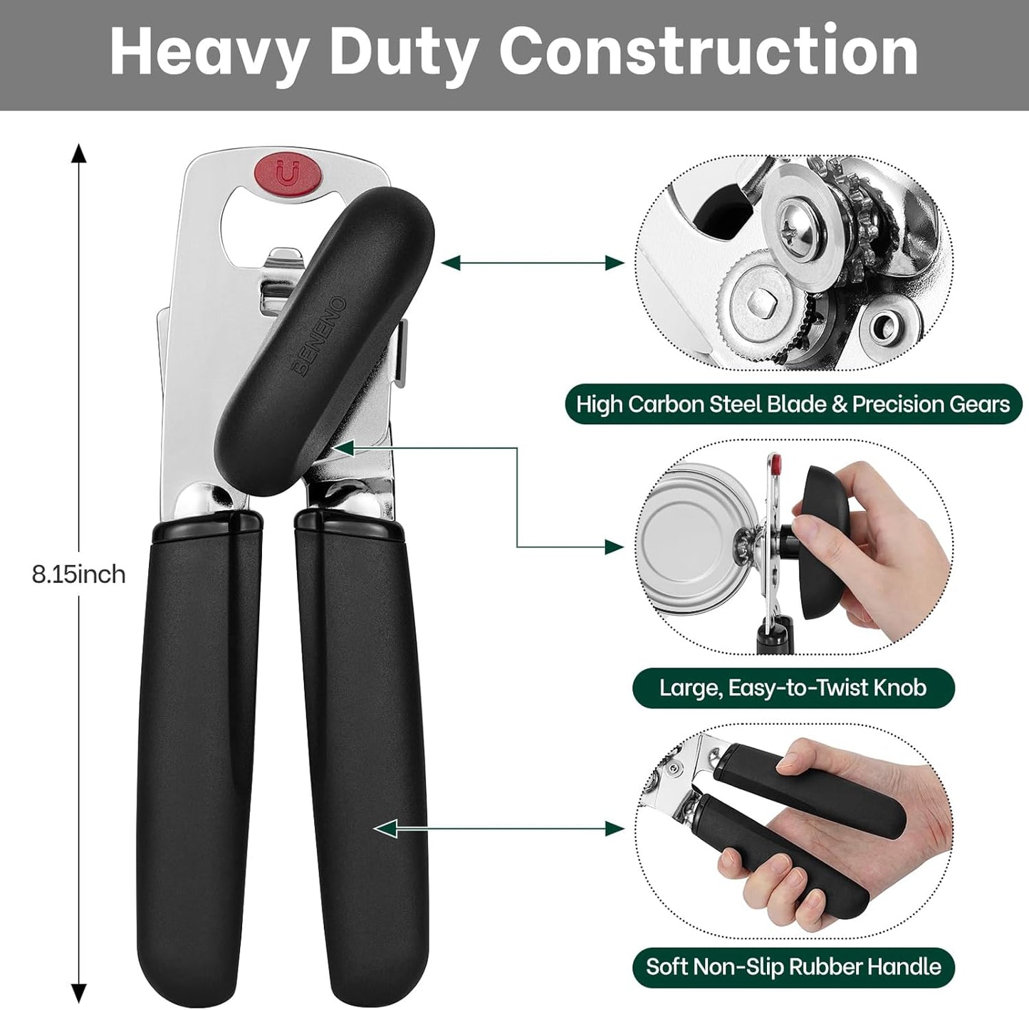 Beneno Can Opener, Heavy Duty Manual Can Opener with Magnet Lid Lifter & Bottle Opener, Hand Can Opener Manual with Ergonomic Soft Grip, Easy Turn Knob for Arthritis & Weak Hands, Easy to Use, Black
