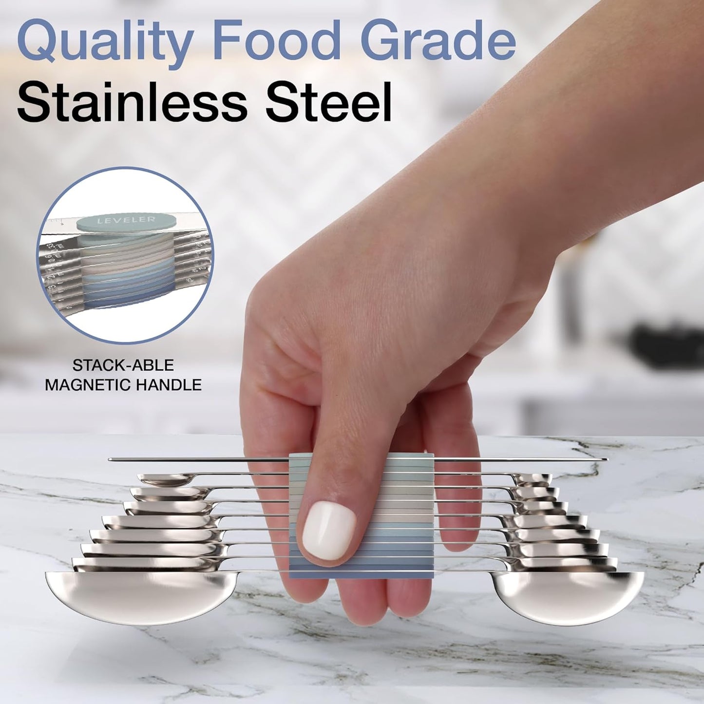 CuttleLab Magnetic Measuring Spoons Set - Stainless Steel, Double Ended, Stackable & Nested Design for Dry and Liquid Ingredients, Ideal for Spice Jars, 9-Piece Set with Leveler (Country Chic)