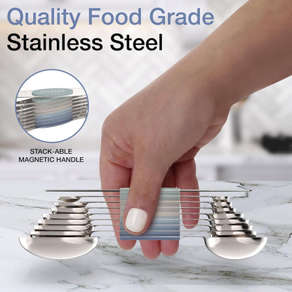 CuttleLab Magnetic Measuring Spoons Set - Stainless Steel, Double Ended, Stackable & Nested Design for Dry and Liquid Ingredients, Ideal for Spice Jars, 9-Piece Set with Leveler (Country Chic)