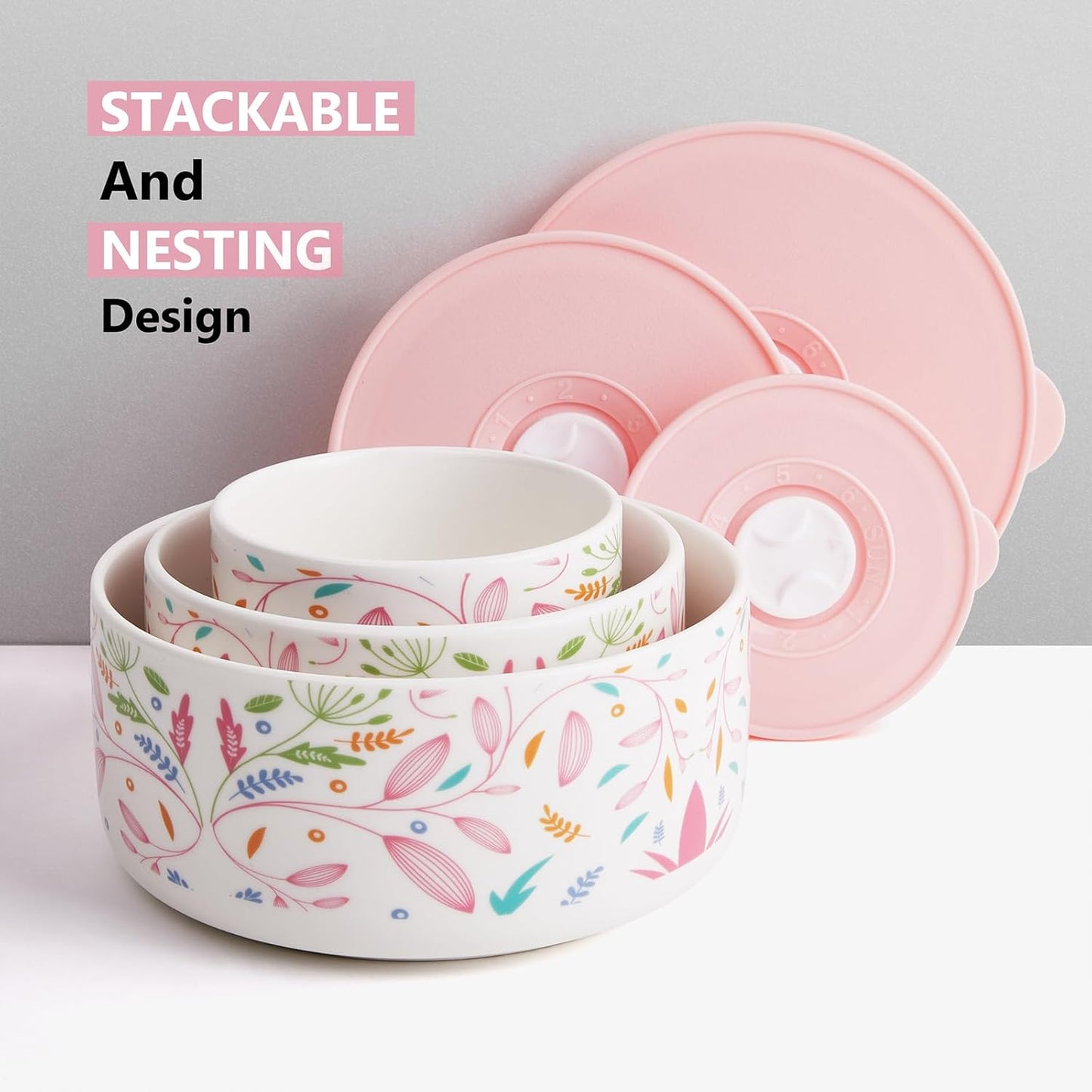 Ceramic Bowls with Lids, 4, 5, 6 Inch Ceramic Nesting Bowls Set for Soup, Salad, Cereal, Serving or Gift, Ceramic Food Storage Container, Microwave & Dishwasher Safe