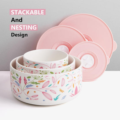 Ceramic Bowls with Lids, 4, 5, 6 Inch Ceramic Nesting Bowls Set for Soup, Salad, Cereal, Serving or Gift, Ceramic Food Storage Container, Microwave & Dishwasher Safe