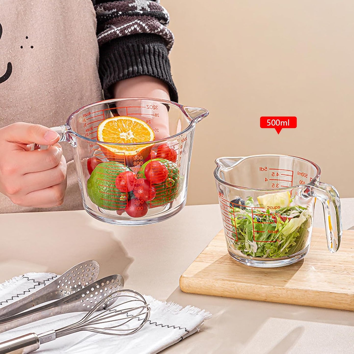 2-Cups Glass Measuring Cups with Lids Set, Measuring Jugs with Handle Liquid Measuring Cups Kitchen Mixing Bowl, Microwave, Oven, and Dishwasher Safe