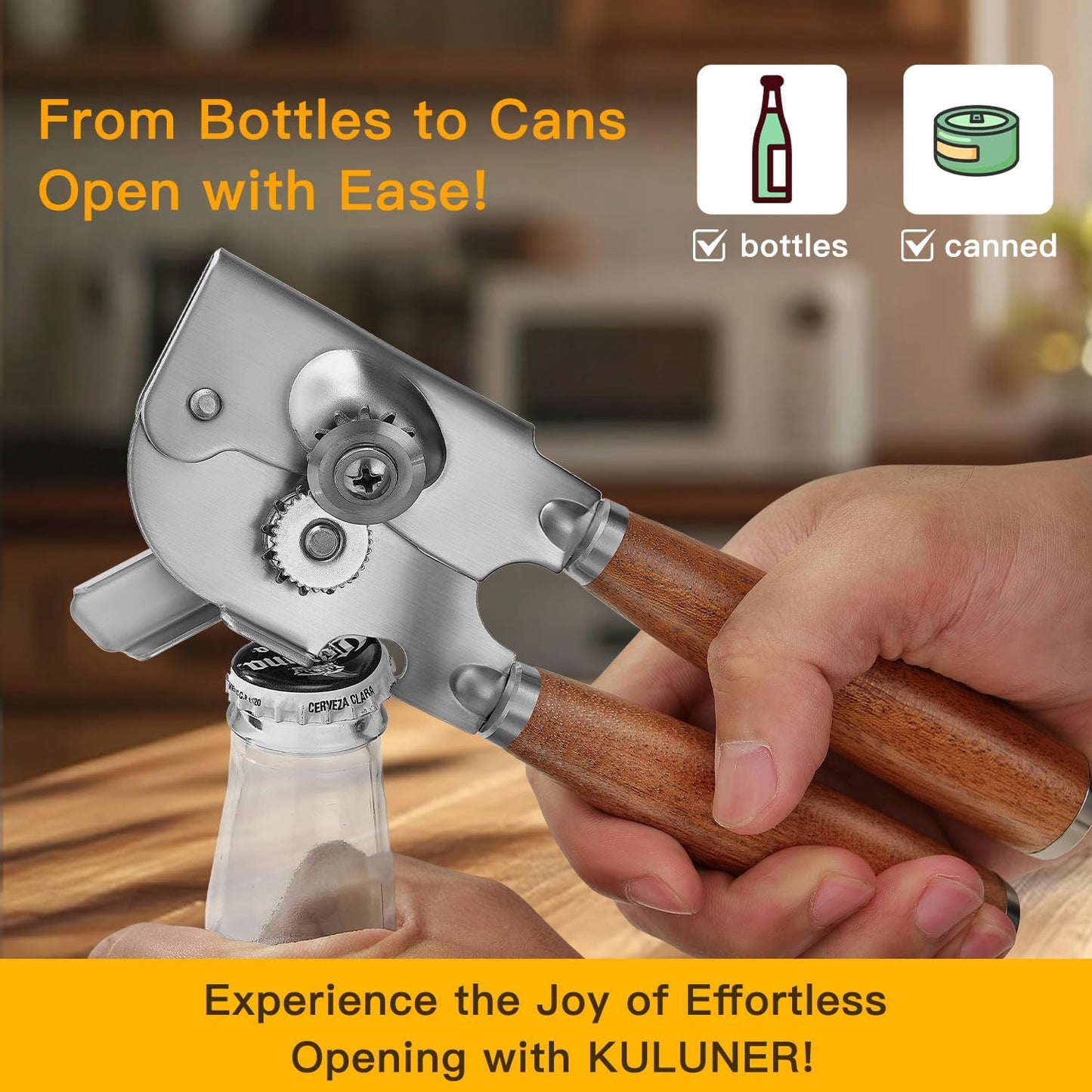 Upgraded Efficient Manual Can Opener - Selected Solid Wood Handle, Sharp and Smooth Blade Edge, Portable Design, Easy-Open Large Knob, Versatile for Various Bottle Caps（Rosewood）