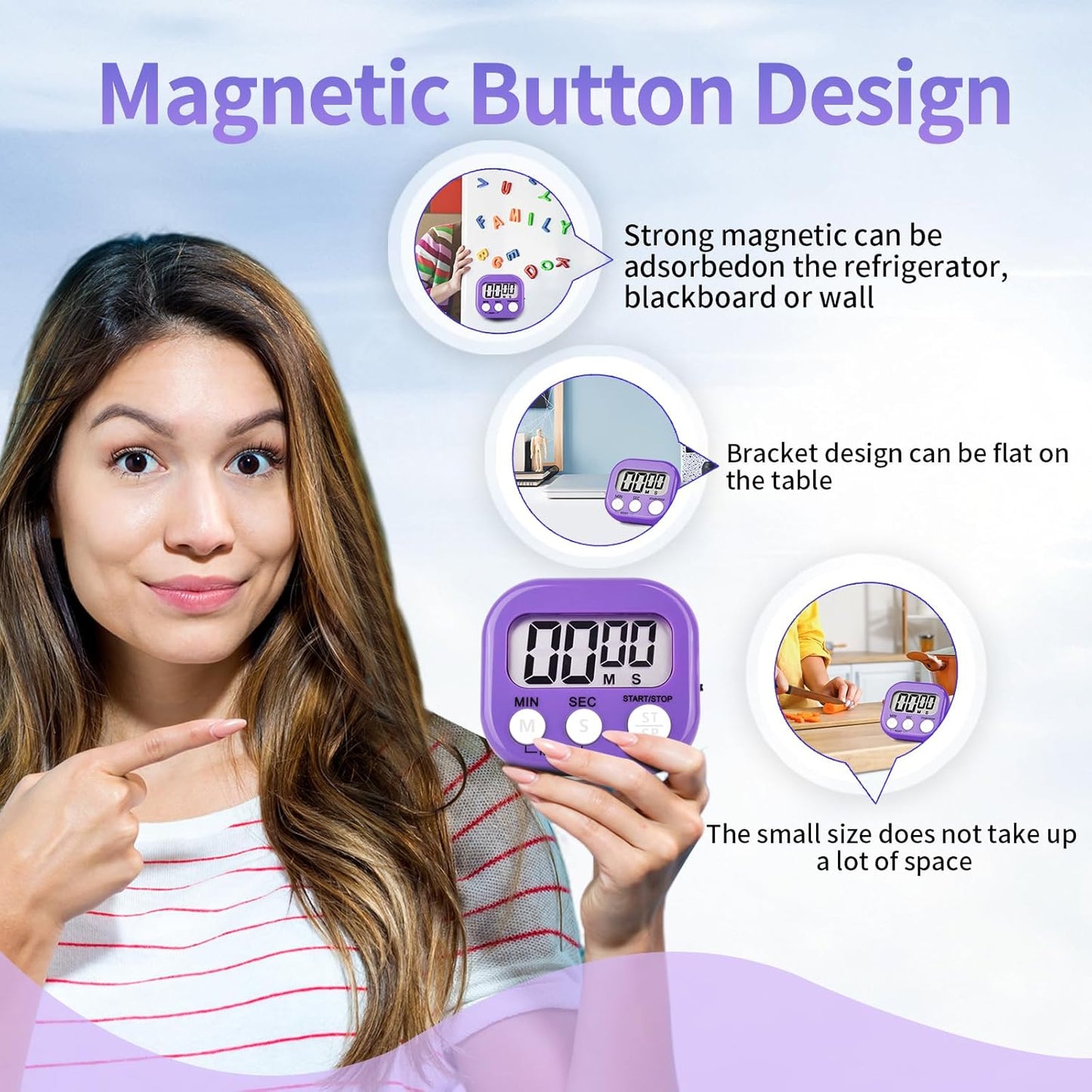 4 Pack Digital Kitchen Timer Magnetic Digital Timer with Big Display Loud Ring Cooking Timers for Cooking, Game, Gym, Break Time, Classroom(4, Pink, Green, Orange, White)