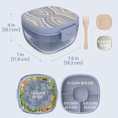 Bentgo Glass Prints Salad Container - 7.6-Cup Tinted Glass Salad Bowl with Airtight Lid, Leak-Proof Sauce Container, 4-Compartment Bento Meal Prep Tray & Reusable Fork (Floral Maximalist - Sea)