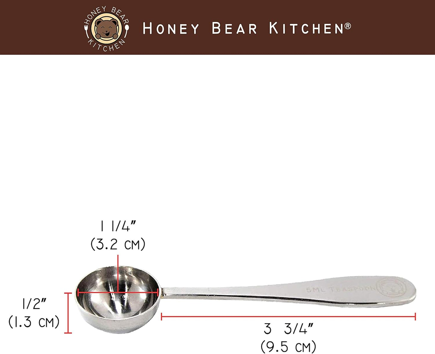 Honey Bear Kitchen 5 ml Teaspoon Measuring Scoop Spoons, Polished Stainless Steel, Set of 2