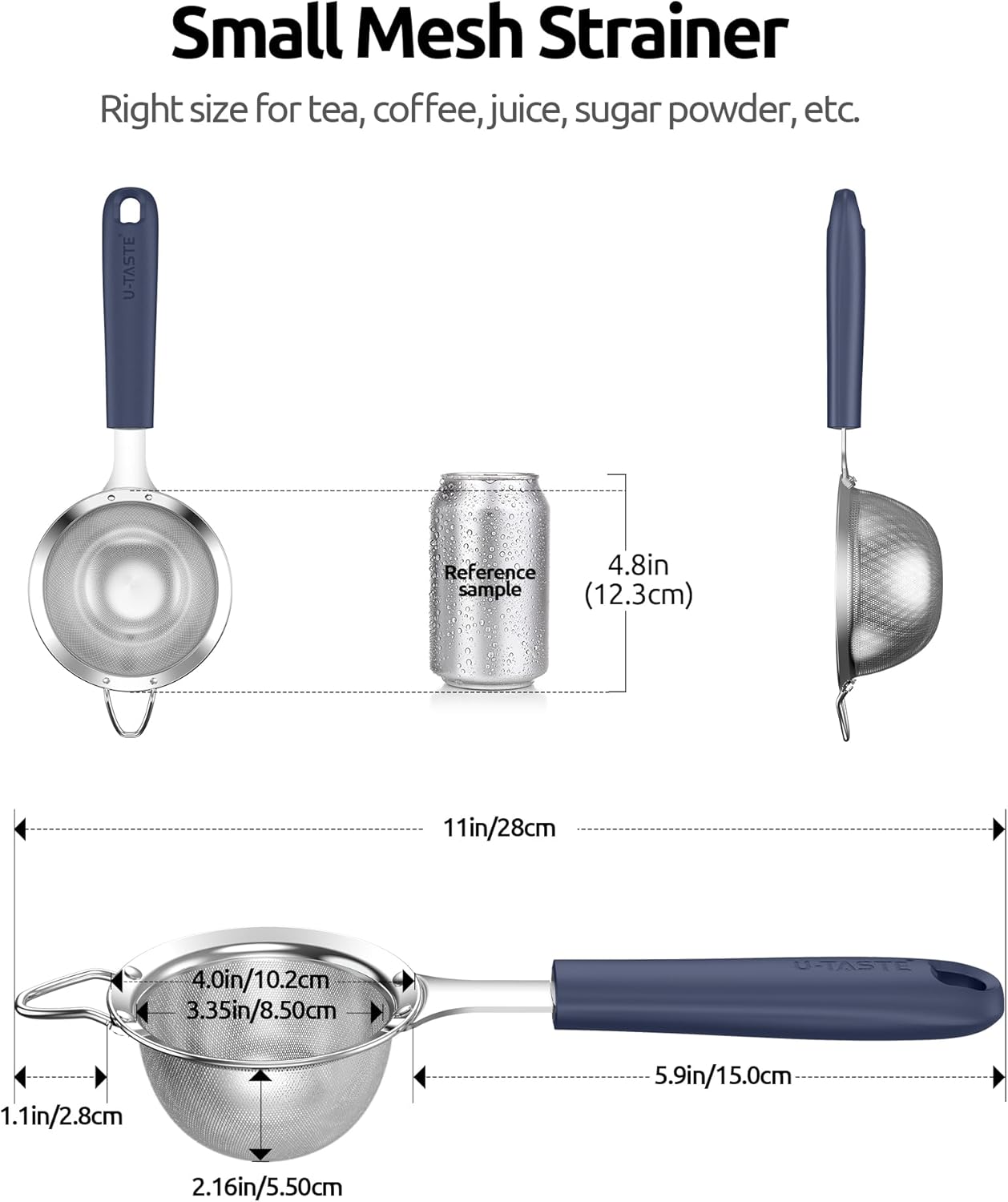 U-Taste Medium Fine Mesh Strainer: 18/8 Stainless Steel 4.73in 30 Mesh Kitchen Food Sieve with Sturdy Riveted Silicone Handle, Heavy Duty Deep Handheld Metal Colander for Rice, Quinoa, Flour (Black)