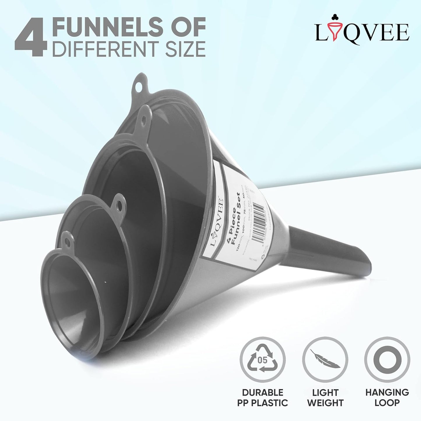 LIQVEE™ Funnel Set (4 Sizes: 122, 101, 76, 50mm) - Durable, Non-Toxic, Food-Grade Plastic funnels for Filling Bottles and containers. Ideal for Kitchen, Garage, or Labs. Perfect for Precise Pouring.