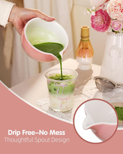 ZENS Pink Matcha Set, Matcha Whisk Set Includes 15oz Ceramic Bowl & (Chasen Holder), Bamboo Whisk & Scoop, Sifter and Pink Tea Towel, 6pcs Matcha Kit for Matcha Lovers