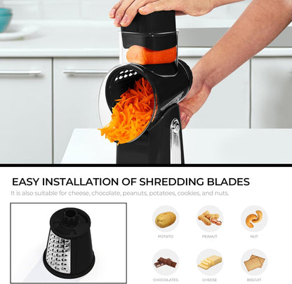 SUSTEAS Rotary Cheese Grater with Handle - Vegetable Shredder with 5 Well-designed Blades & Strong Suction Base,Round Mandoline Slicer & Food Chopper for Kitchen,with Blade Storage Box(Beige)