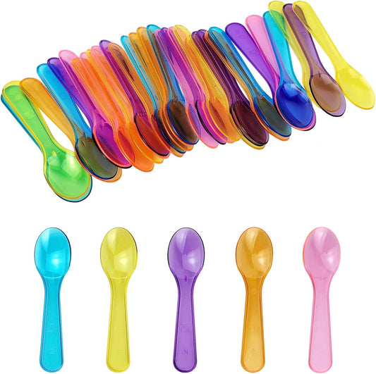 30 Pcs Mini Spoons, Multicolor Disposables Plastic Tasting Spoons for Ice Cream Cake Dessert Party Activity (Multicolor)