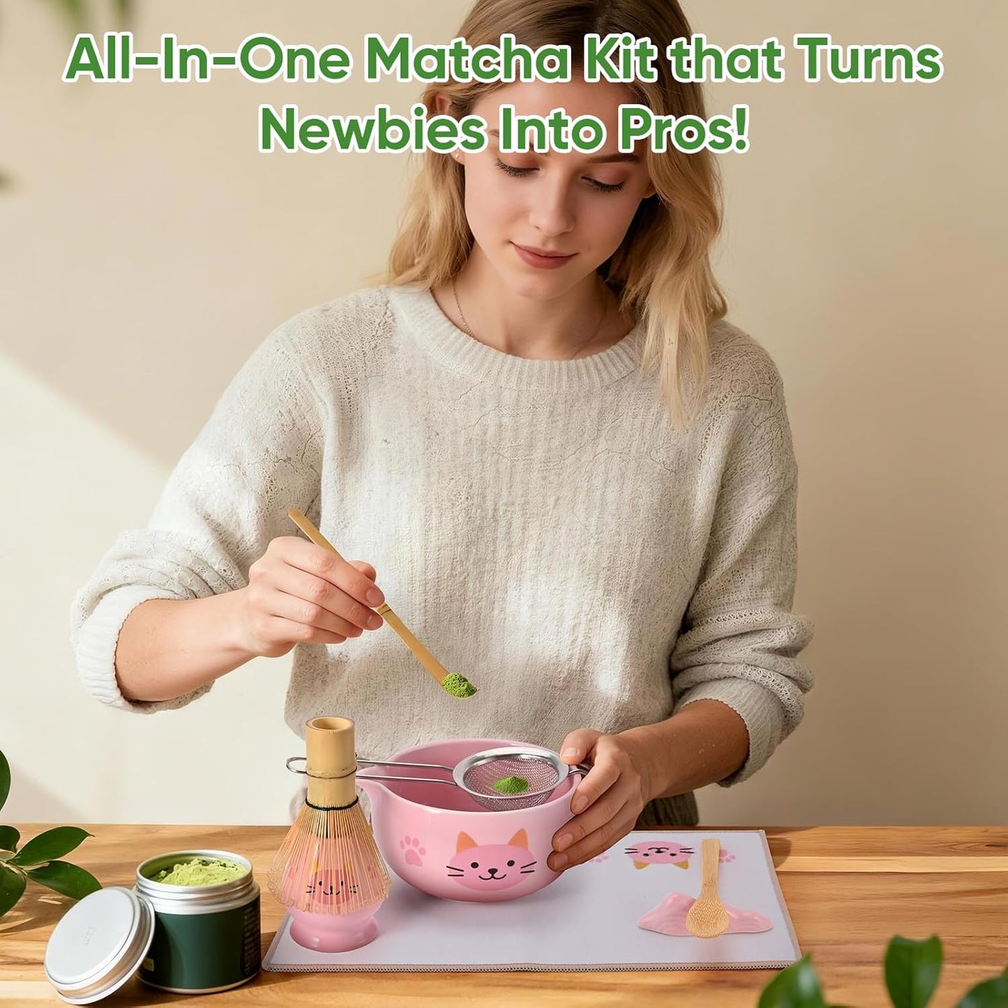 Matcha Whisk Set, 5Pcs Ceramic Matcha Set Includes Matcha Bowl, Matcha Whisk and Holder, Bamboo Scoop and Sifter, Ideal Matcha Bowl Set for Authentic Matcha Tea Experience