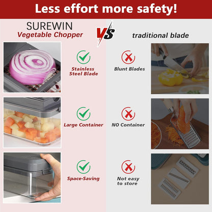 Vegetable Chopper, Onion Chopper Dicer, Mandoline Slicer, Food Chopper with Container, Vegetable Cutter for Salad Potato Carrot Garlic（2 Blades, Black）