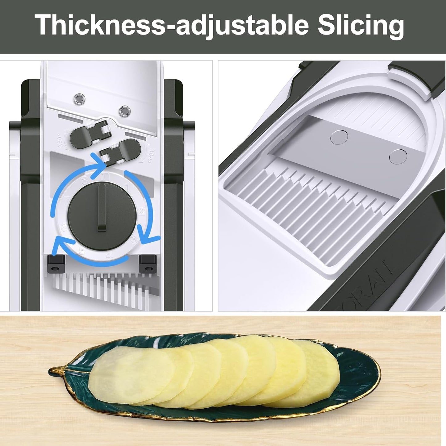 Safe Mandoline Slicer for Kitchen, Adjustable Thickness 0.1-8 mm, 5 in 1 Multi Vegetable Chopper, Potato Slicer, Food Chopper French Fry Cutte, Paring Knife/Cleaning Brush, Mandolin (BlackKnight)