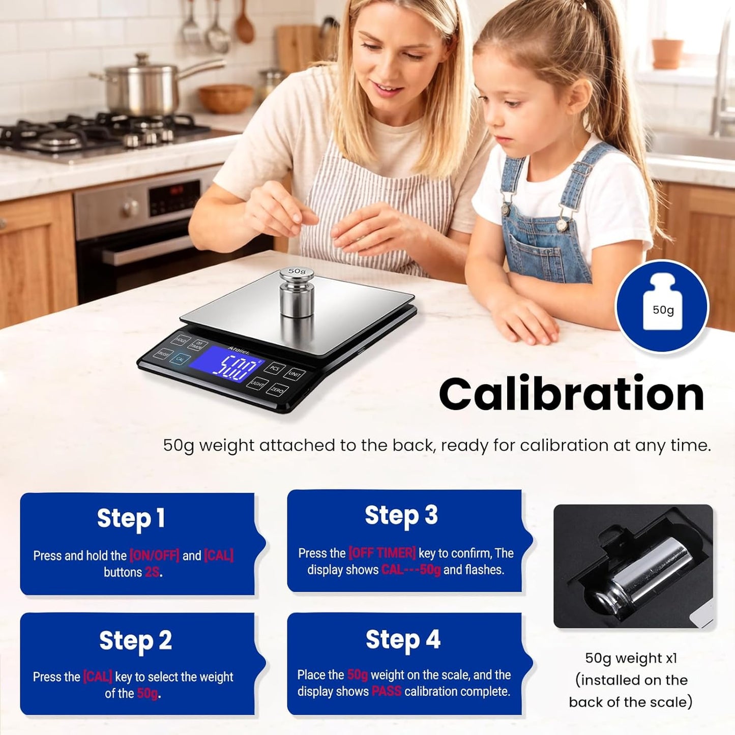 Digital Kitchen Scale 5kg 0.1g High Precision, Multifunctional Food Scale with PCS Counting, Hold & Tare, USB Rechargeable, 6.3x6.3 Inch Large Platform, Stainless Steel, for Cooking Baking Meal Prep
