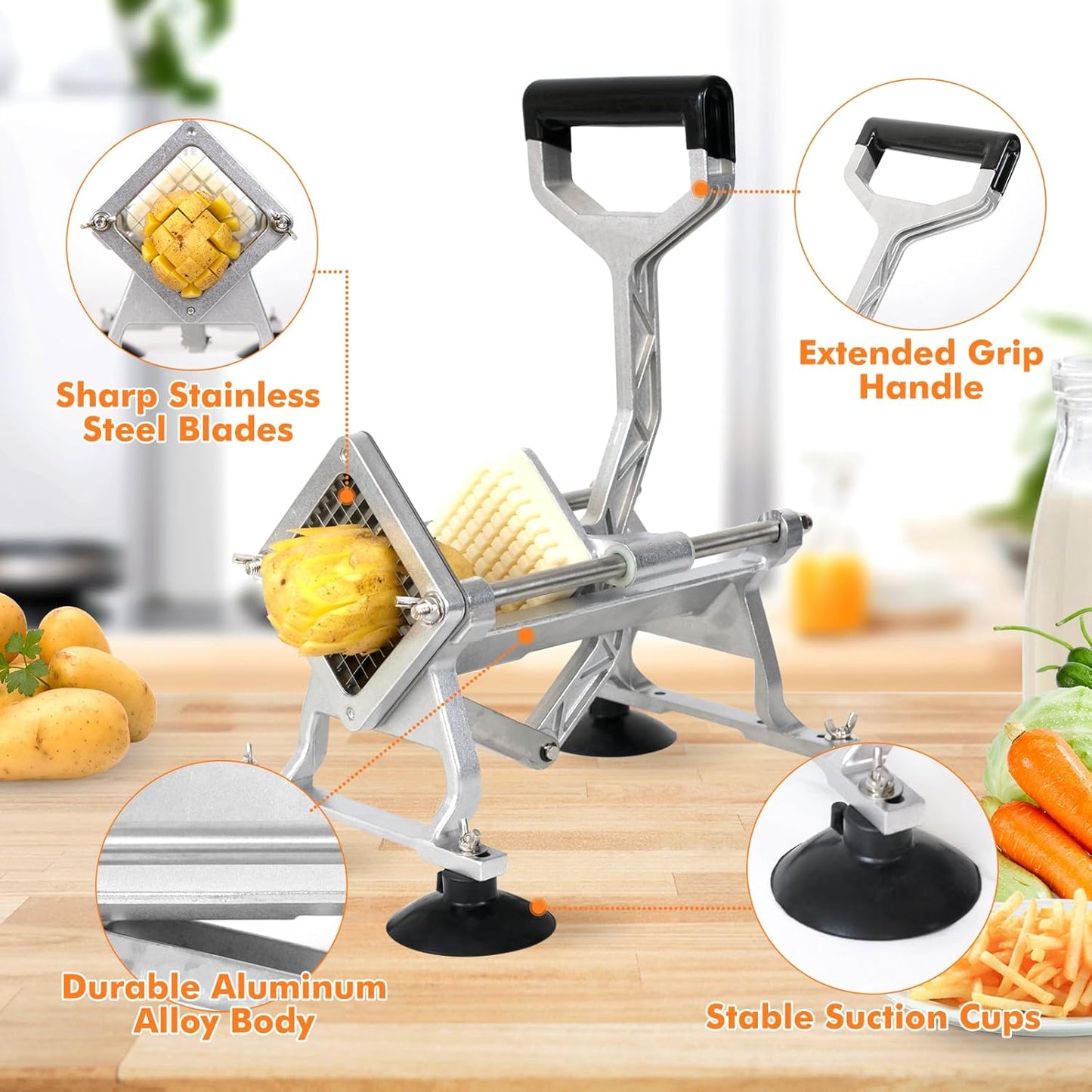 Anatole Commercial French Fry Cutter with 1/2'' 3/8'' 1/4'' 8-Wedge Stainless Steel Blades Professional Potato Cutter Dicer Manual Vegetable Chopper with Suction Cups for Carrot Cucumber Onion