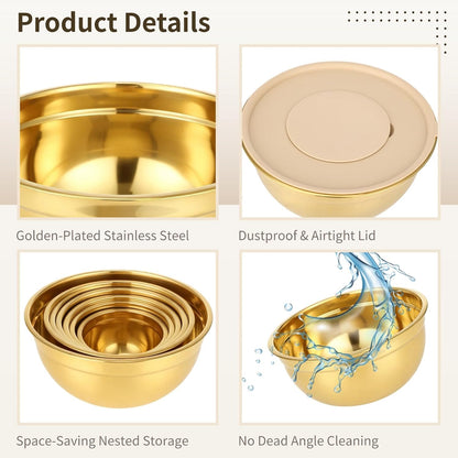 20 PCS Gold Mixing Bowls with Lids Set - 7 Mixing Bowls with 3 Graters, 8 Measuring Spoons, 1 Whisk, and 1 Food Tong, Nesting Bowl Set for Baking, Cooking, Meal Prep