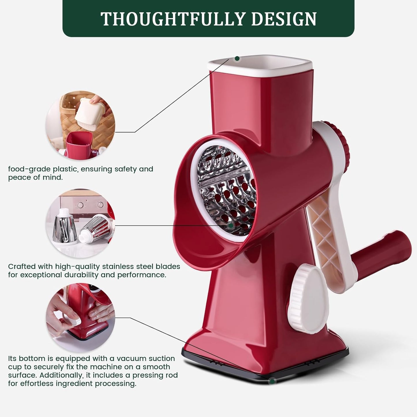 HANSGO Rotary Cheese Grater Hand Crank, Shredder Slicer Grinder, 3 Large Diameter Metal Blades & Cleaning Brush, Non-slip Suction Base, Labor-Saving Handle, Kitchen Gadgets for Cheese, Vegetable, Nuts