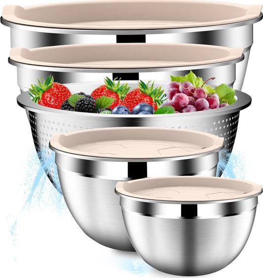 DUTZUN Mixing Bowls with Lids Set, Stainless Steel Mixing Bowls with Colander, Strainer with Mixing Bowl Set, Serving Bowl Kitchen Gift, Size 4.5, 2.5, 2, 1.5QT - Black