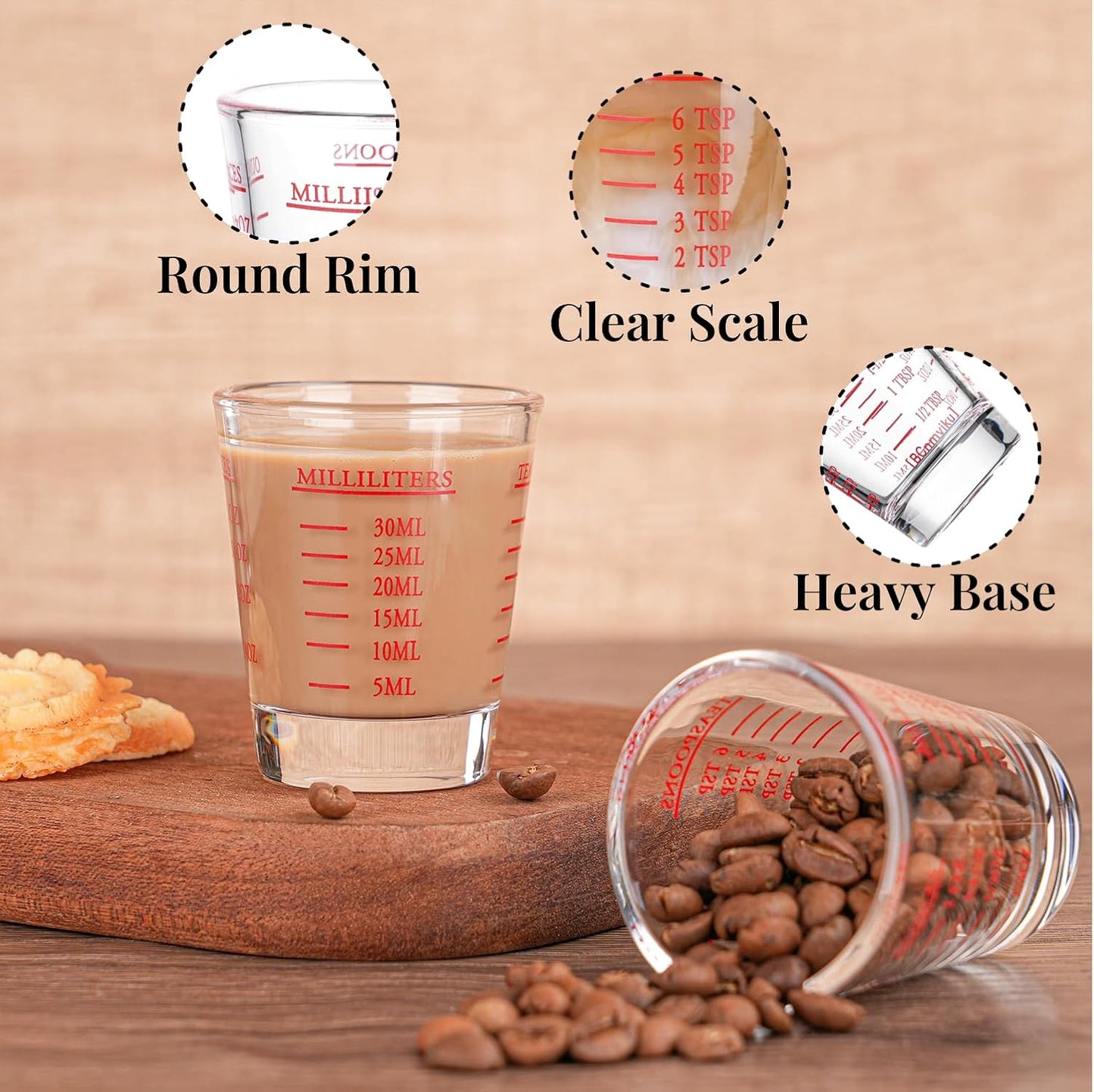 BCnmviku Espresso Shot Glasses Measuring Cup Liquid Heavy Glass for Baristas 2oz for Single Shot of Ristrettos (2 pack)