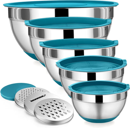 P&P CHEF Mixing Bowl with Lid Set, 5 Piece Stainless Steel Mixing Nesting Bowls for Salad Storage, 3 Grater Attachments & Non-Slip Bottoms, Size 1/1.5/2 / 2.6/4.6 QT, Multicolor