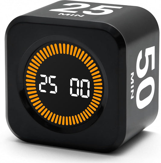 Rotating Productivity Timer 5, 25, 10, 50 Minutes Preset, Desk Cube w/Gravity Sensor for ADHD, Mute Functions, Ideal for Work, Study, Kitchen, Back to School (1, Wood Grain Finish)