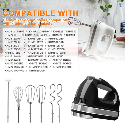 Hand Mixer Beaters Attachments for Kitchenaid Whisk, Beater, Dough Hook, Blending Rod, Stainless Steel Hand Mixers Blender Accessories for Kitchenaid KHM3 KHM5 KHM7 KHM9 KHM926 KHM512-6PCS