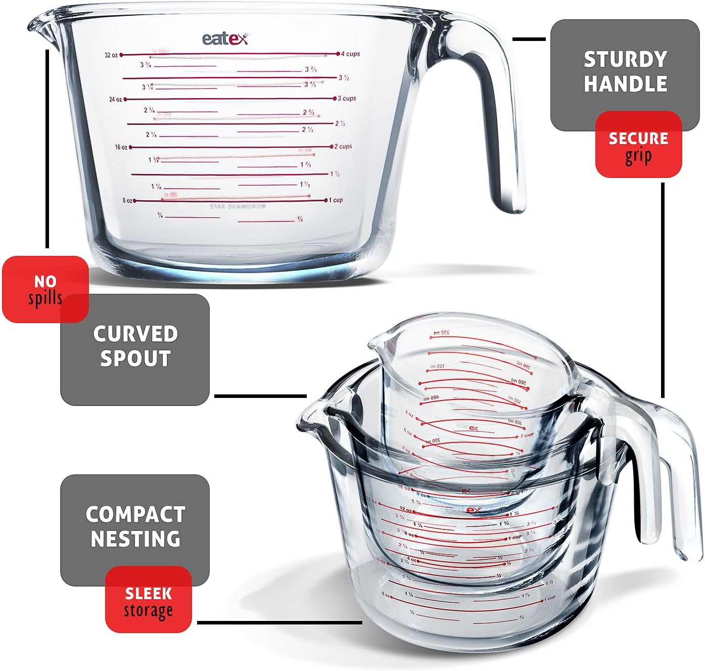 Eatex Glass Measuring Cups Set of 3 - Liquid Measuring Cups, Glass Measuring Cup Set - 1,2,4 Cup Measuring Cup - Dishwasher Oven, Microwave Safe Measure Cups