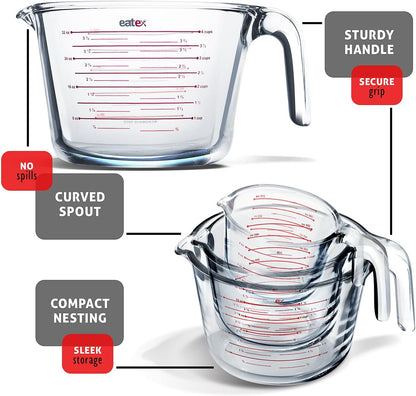 Eatex Glass Measuring Cups Set of 3 - Liquid Measuring Cups, Glass Measuring Cup Set - 1,2,4 Cup Measuring Cup - Dishwasher Oven, Microwave Safe Measure Cups