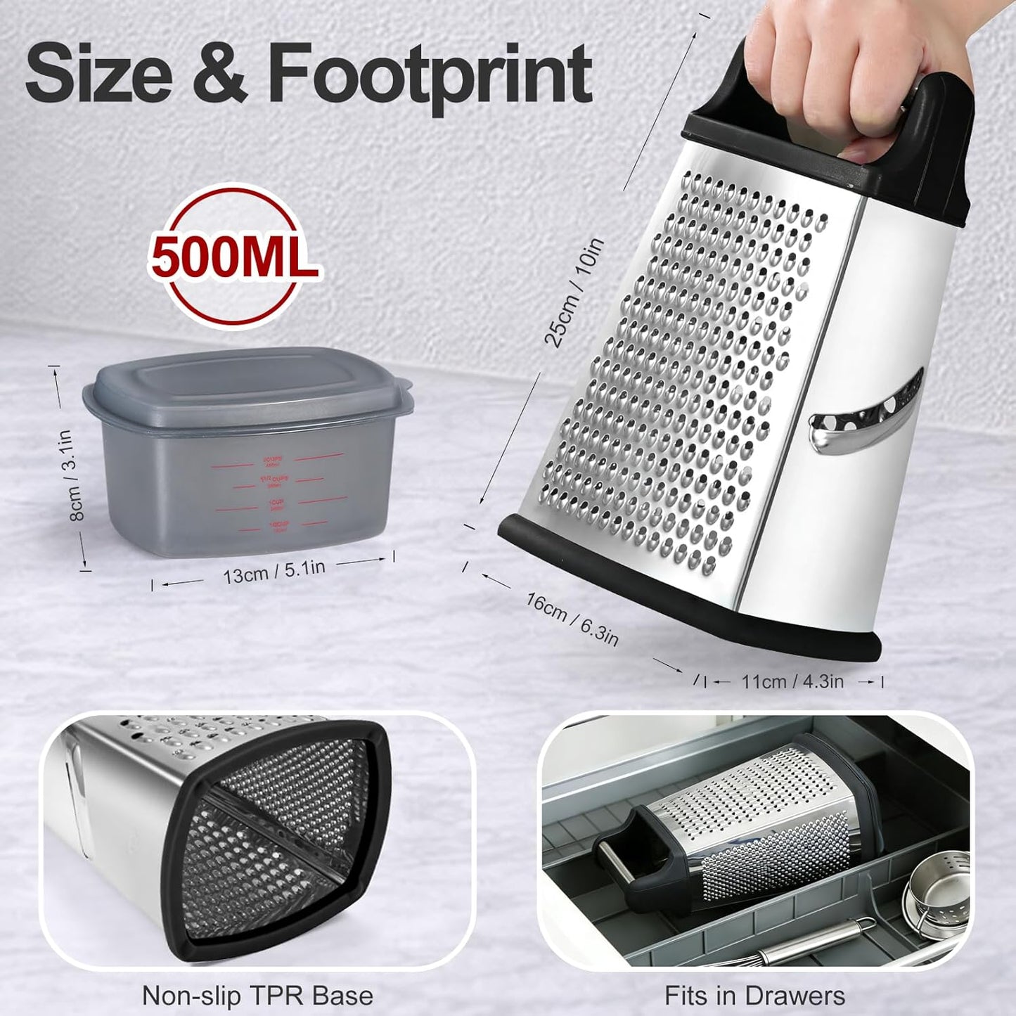 Ourokhome Cheese Grater, Handheld Box Grater with Container & Lid, 4-Sided Stainless Steel for Kitchen, Wavy Julienne, Slicer, Coarse Shred & Fine Zester, Non-Slip Base, Dishwasher Safe, 8 Inch