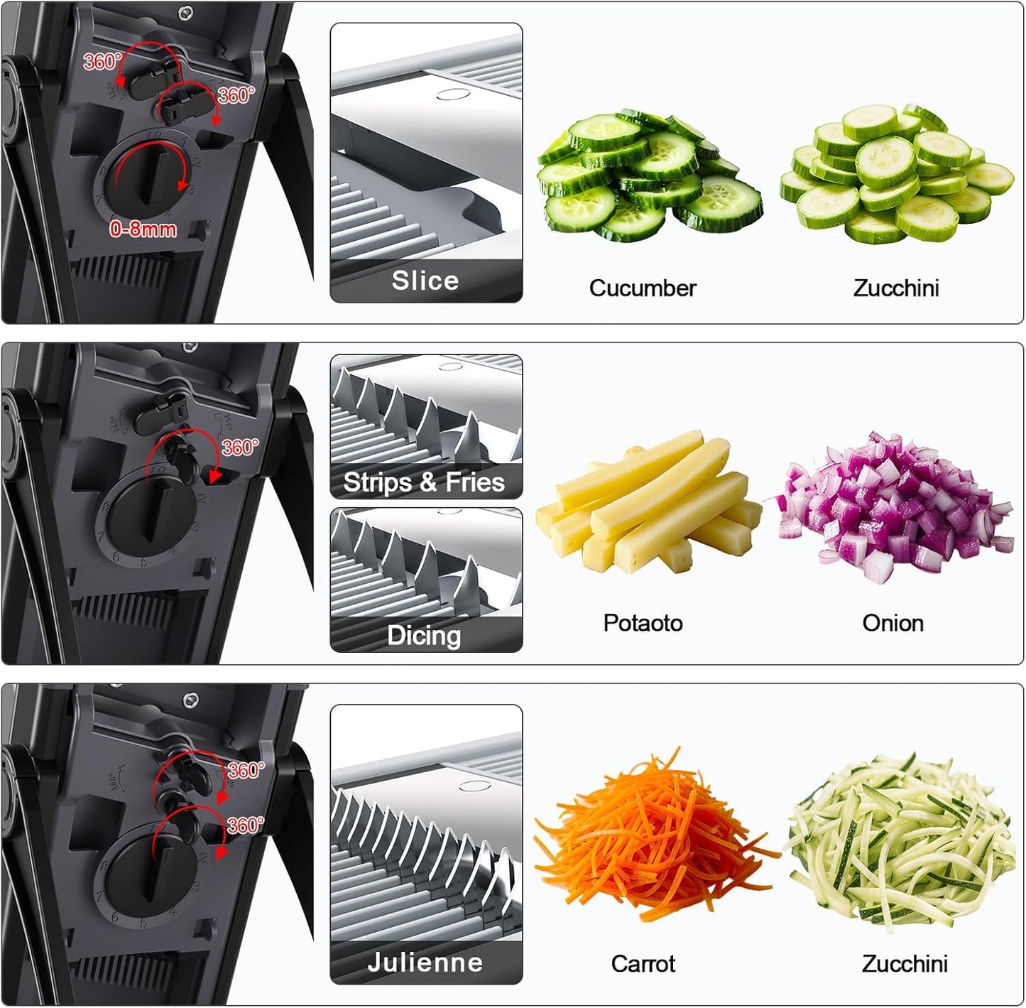 Safe Mandoline Slicer for Kitchen, 6 in 1 Vegetable Chopper, French Fry Cutter For Potatoes, Potato Slicer,Food Chopper,Adjustable Thickness 0.1-8 mm, With Peeler/Cleaning Brush (Black)