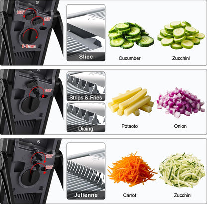 Safe Mandoline Slicer for Kitchen, 6 in 1 Vegetable Chopper, French Fry Cutter For Potatoes, Potato Slicer,Food Chopper,Adjustable Thickness 0.1-8 mm, With Peeler/Cleaning Brush (Black)