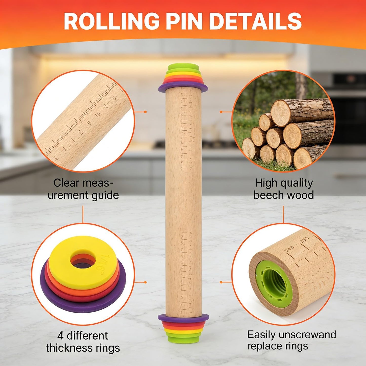 Rolling Pin With Thickness Rings, Adjustable Wooden Rolling Pin Set, 17 inch Rolling Pins for Baking, Biscuit, and Dough Kneading, Pizza Dough, Paster Roller