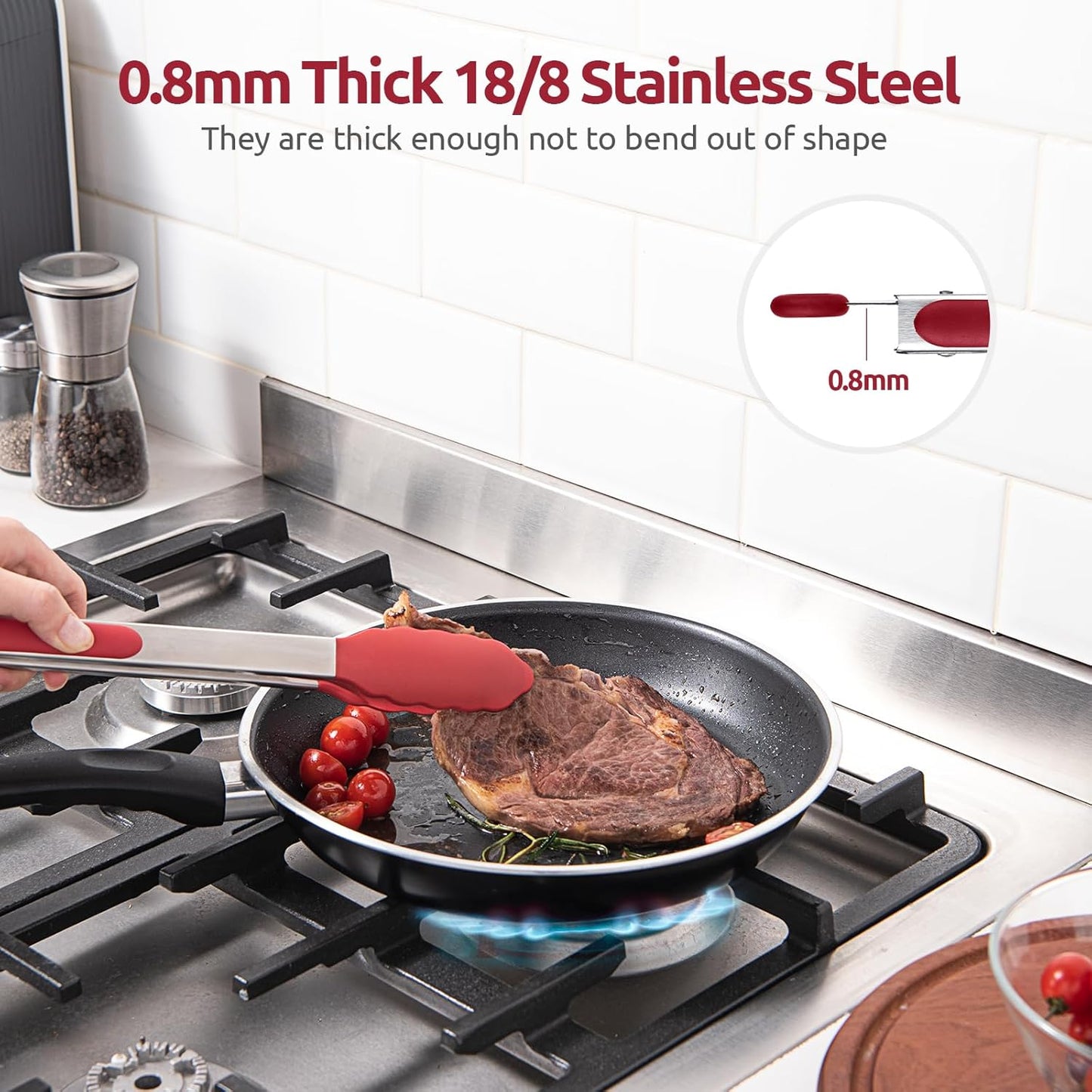 600ºF Heat Resistant Kitchen Tongs: U-Taste 9 inch Silicone Cooking Tong with Firm Sealed Non Stick Rubber Tips & Silicon Coated 18/8 Stainless Steel Handle & Smooth Locking for Serving Salad (Black)