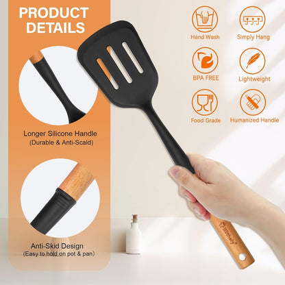 Large Silicone Cooking Utensils Set, 10Pcs Nonstick Kitchen Utensil Set with Wooden Handle, Heat Resistant Silicone Utensils for Cooking, BPA Free Spatula Set with Turners Spoon Ladle Skimmer(Black)