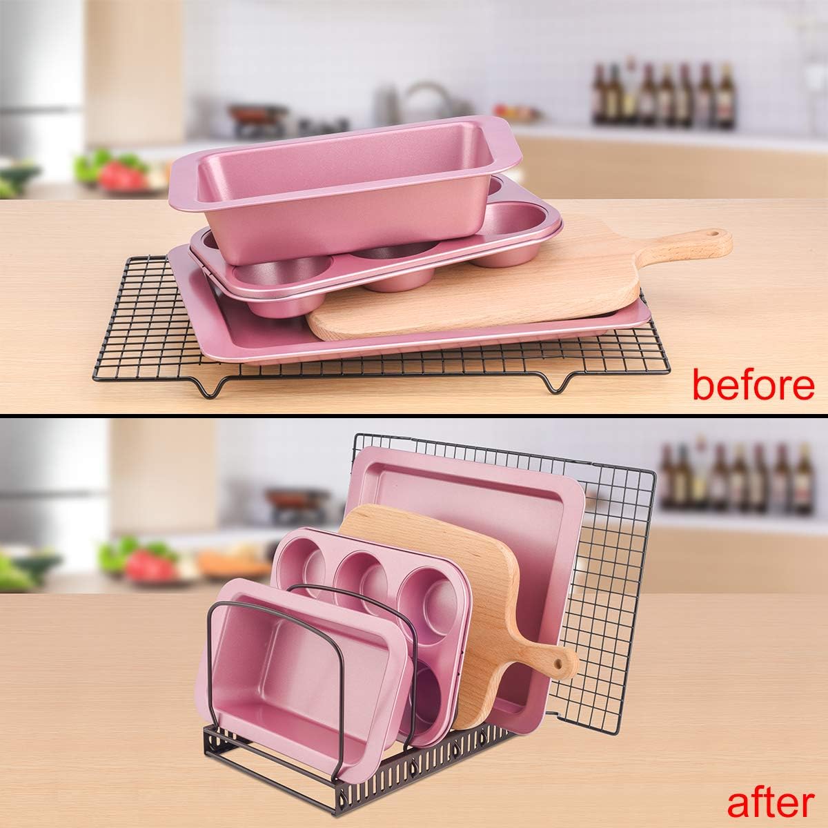 Toplife Pot Lids Organizer Rack for Cabinet and Countertop, 7+ Pan Lids and Bakeware Organizer Rack Holder with 7 Adjustable Compartments - Brown