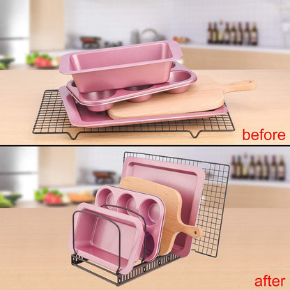 Toplife Pot Lids Organizer Rack for Cabinet and Countertop, 7+ Pan Lids and Bakeware Organizer Rack Holder with 7 Adjustable Compartments - Brown