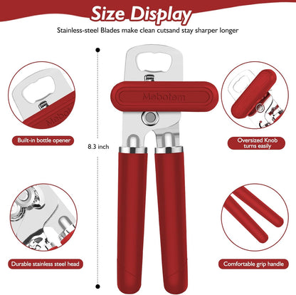 Mebotem 10 Colors Can Opener Manual Handheld Heavy Duty Hand Can Opener Smooth Edge Stainless Steel Can Openers Top Lid Kitchen Gadgets, Best Large Rated Easy Turn Knob, with Bottle Opener, Burgundy