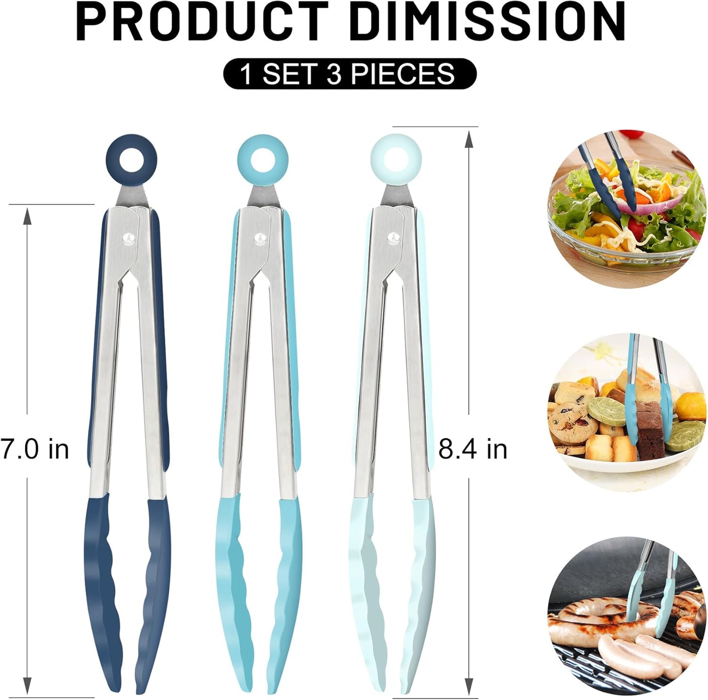 Hotec Silicone Kitchen Tongs for Cooking 9-Inch Serving Tongs with Silicone Tips, Set of 3 (Gradient Blue)