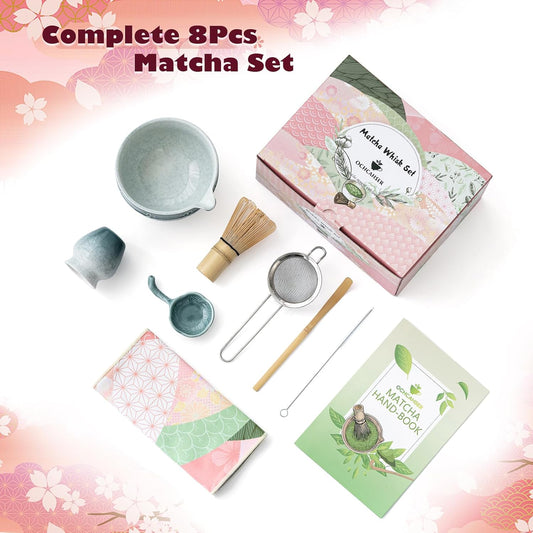 Matcha Tea Set, 8 Pcs Japanese Matcha Kit with Cherry Blossom and Wave Design Ceramic Bowl, Bamboo Whisk, Whisk Holder, Scoop, Sifter, Brush, Matcha Kit Set for Matcha Lovers (Pink-Green)