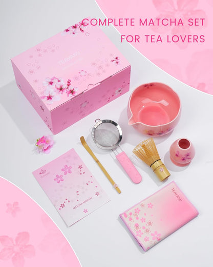 Matcha Whisk Set, 6pcs Matcha Kit Includes Large Matcha Bowl, Bamboo Whisk & Scoop with Cute Charm, Chasen Holder, Innovative Sifter, Tea Mat for Japanese Tea Ceremony-Floral Pattern