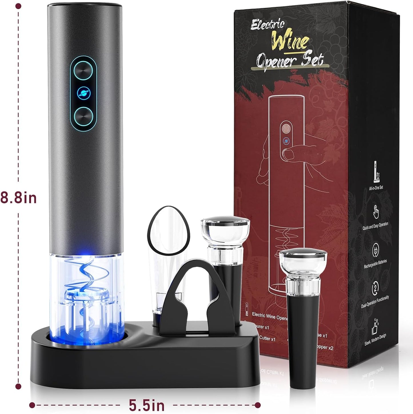 Electric Wine Opener, Rechargeable Cordless Wine Accessories, Stainless Steel Cordless Automatic Wine Bottle Corkscrew with Vacuum Stoppers, Foil Cutter for Home Party Wedding, Bars(Black)
