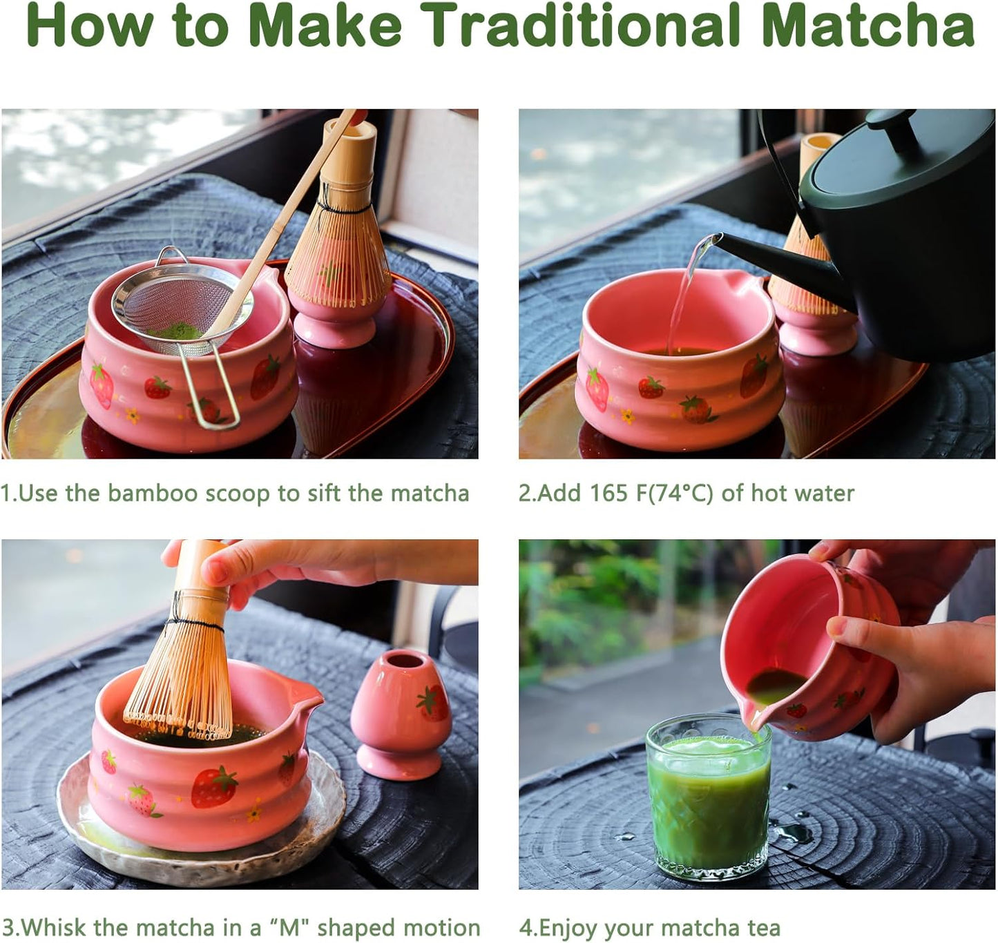 Matcha Whisk Set, 5 Pcs Traditional Japanese Matcha Whisk Preparation Kit, White Glossy Ceramic Bowl with Black Cat and Strawberry Pattern