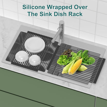Roll Up Dish Drying Rack, Silicone Wrapped Over The Sink Multipurpose Foldable Dish Drainer Anti-Slip Dish Racks for Kitchen Counter, Sink Drying Rack Cover with Utensil Holder (Black, 17.3" x 17.6")