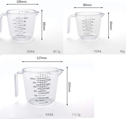 Plastic Measuring Cup Set, Kitchen Cooking and Baking Seasoning Liquid Measuring Cup, Multiple Scale Identification, with Handle and Triangle Mouth, 150ml, 300ml, 600ml, 3-piece Set (Pink)